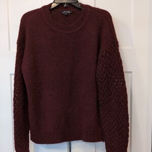 Charlie B Fishnet Sleeve Crew Neck Cabernet Sweater L
